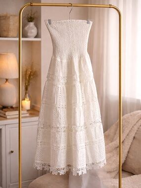 Strapless White Lace Maxi Dress - Brand: